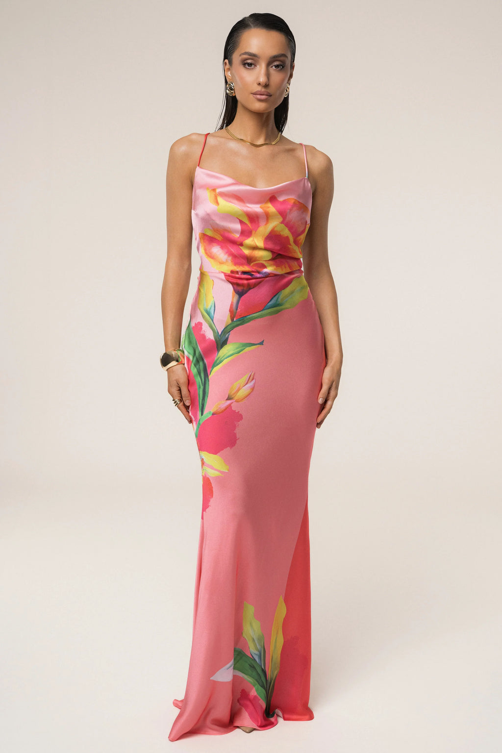 Satin Floral Print Maxi Dress