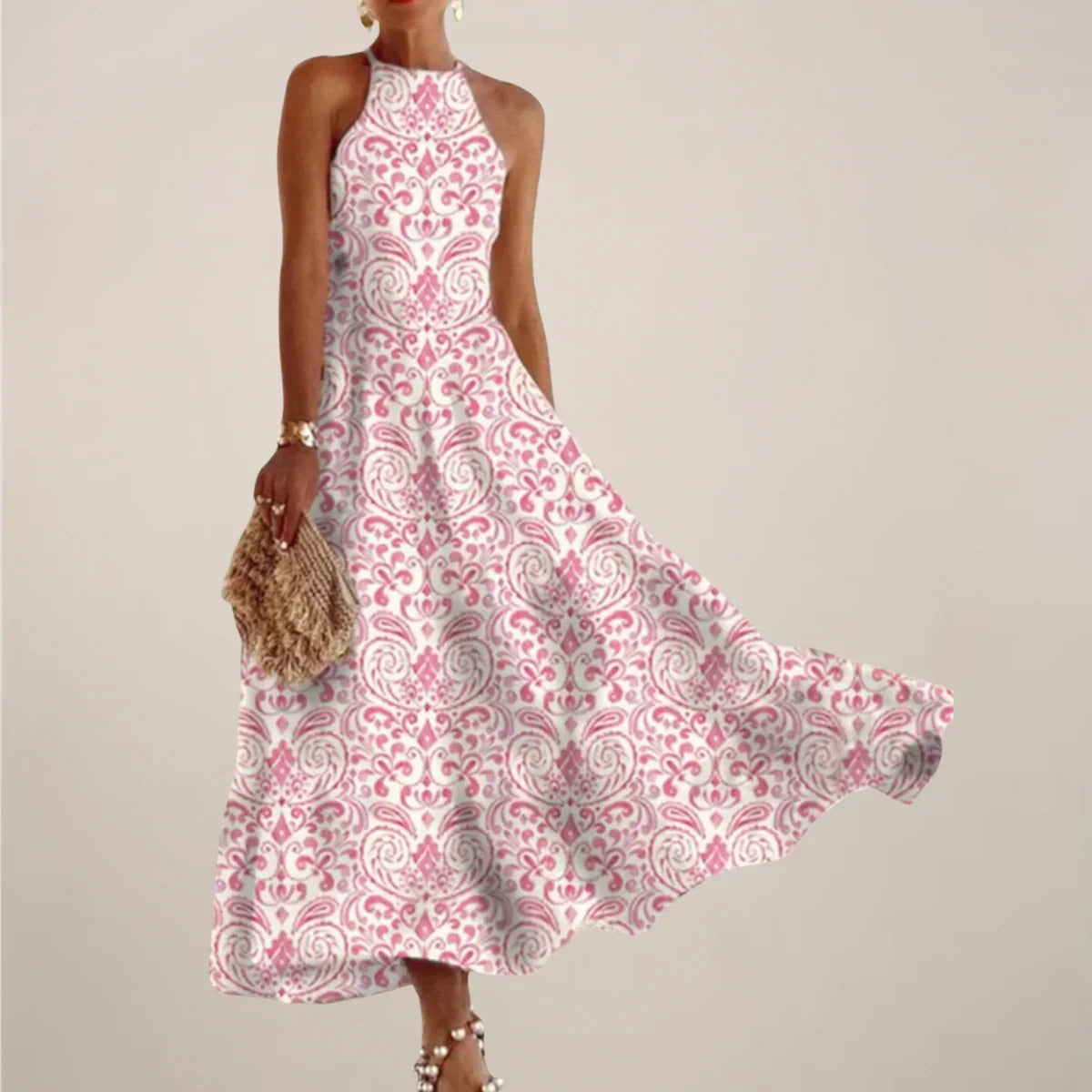 Women’S Printed Halter Neck Maxi Dress – A-Line Flowy Summer Dress