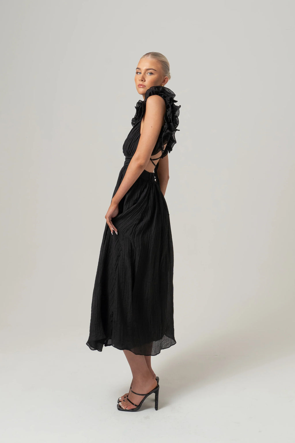 Tilly Ruffle Trim Midi Dress With Back Ties