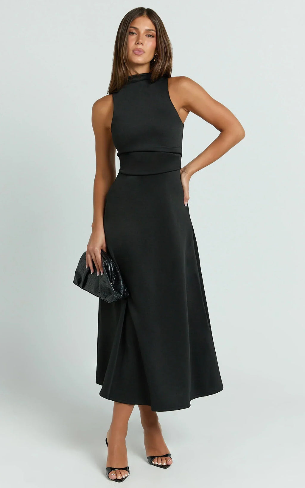 Macy Midi Dress - High Neck A Line Dress In Black