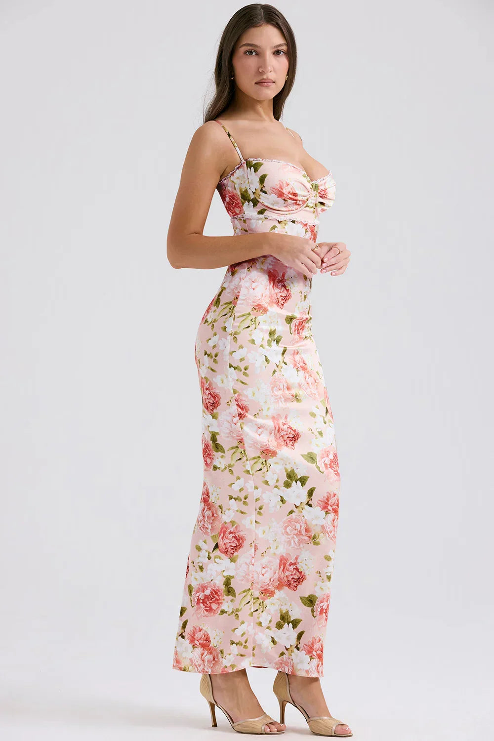 Pink Peony Print Satin Maxi Dress