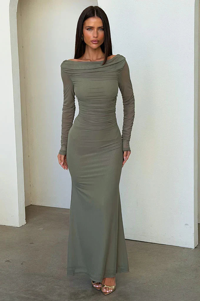 Rowan Long Sleeve Mesh Maxi Dress - Khaki