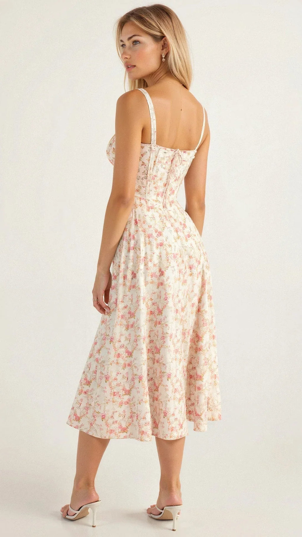 Corset Midi Dress – Tailored Waist And Flowing Skirt