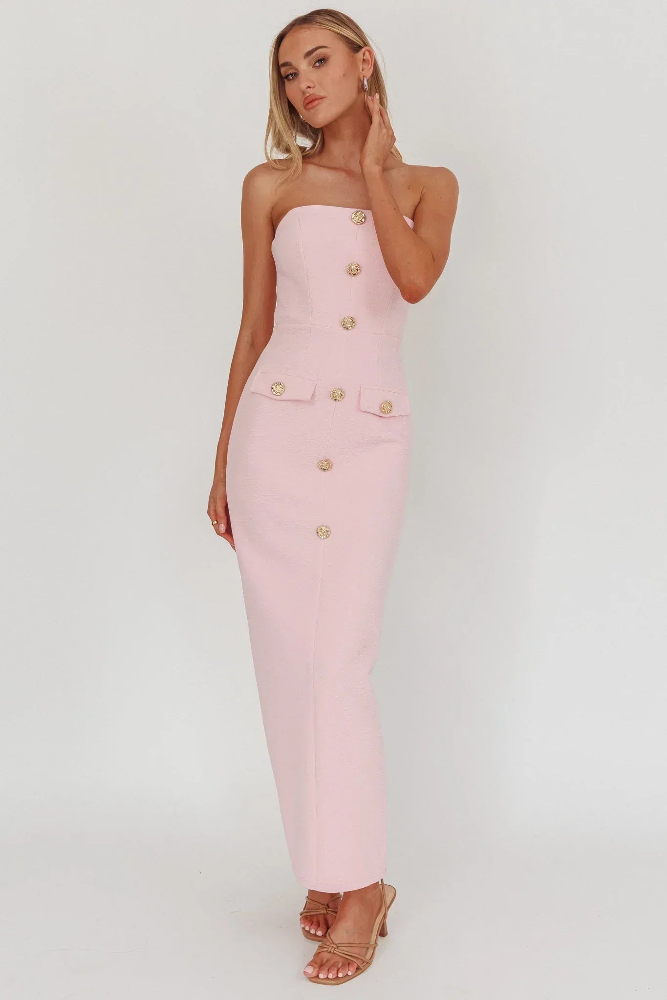 She Is Button Front Strapless Maxi Dress Pink