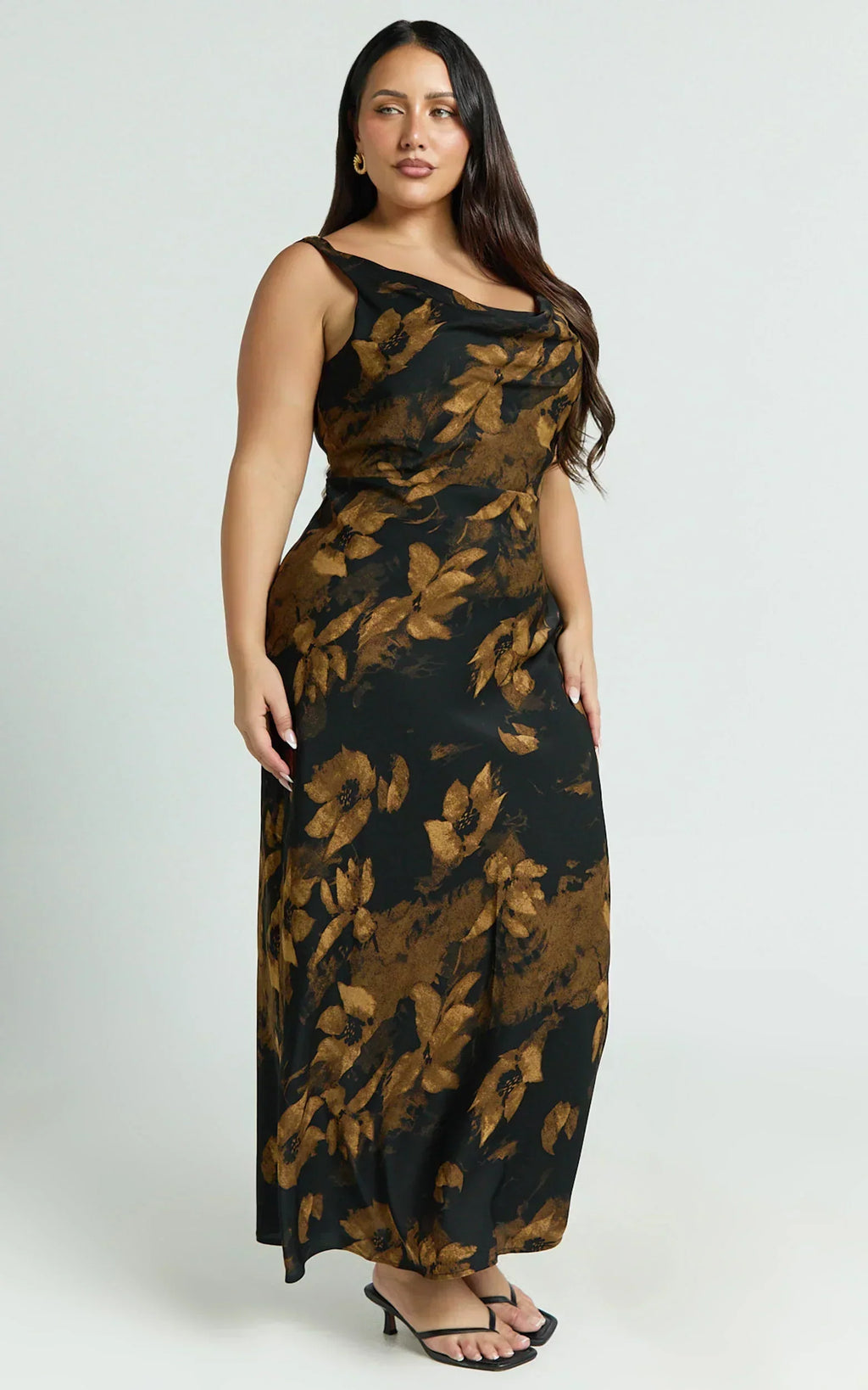 Dara Midi Dress Low Neck Sleeveless Slip Dress In Amber Floral Print