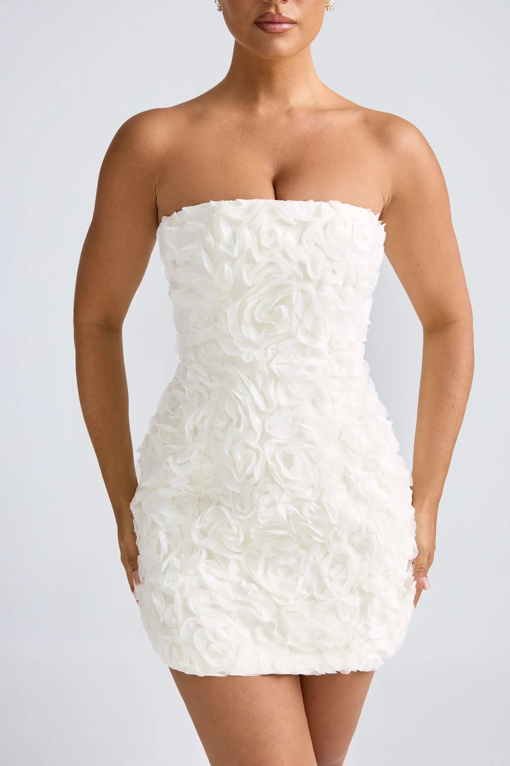 Floral-Appliqué Bandeau A-Line Mini Dress In White