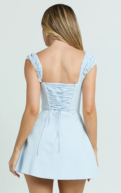 Charlotte Mini Dress - Cap Sleeve Fit And Flare Dress In Blue