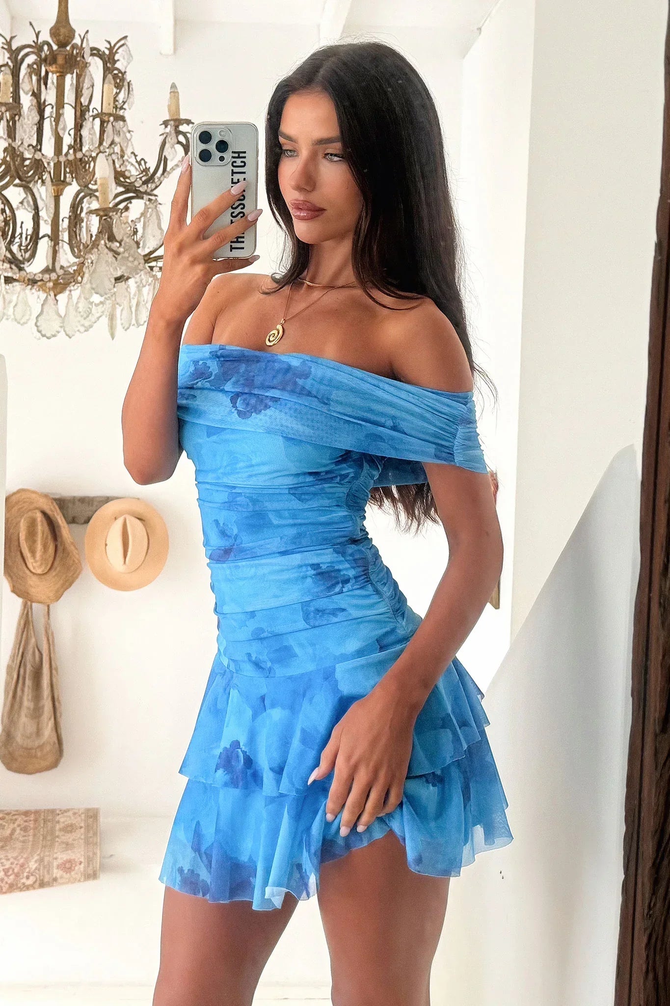 Selah Off Shoulder Mini Dress - Blue Floral
