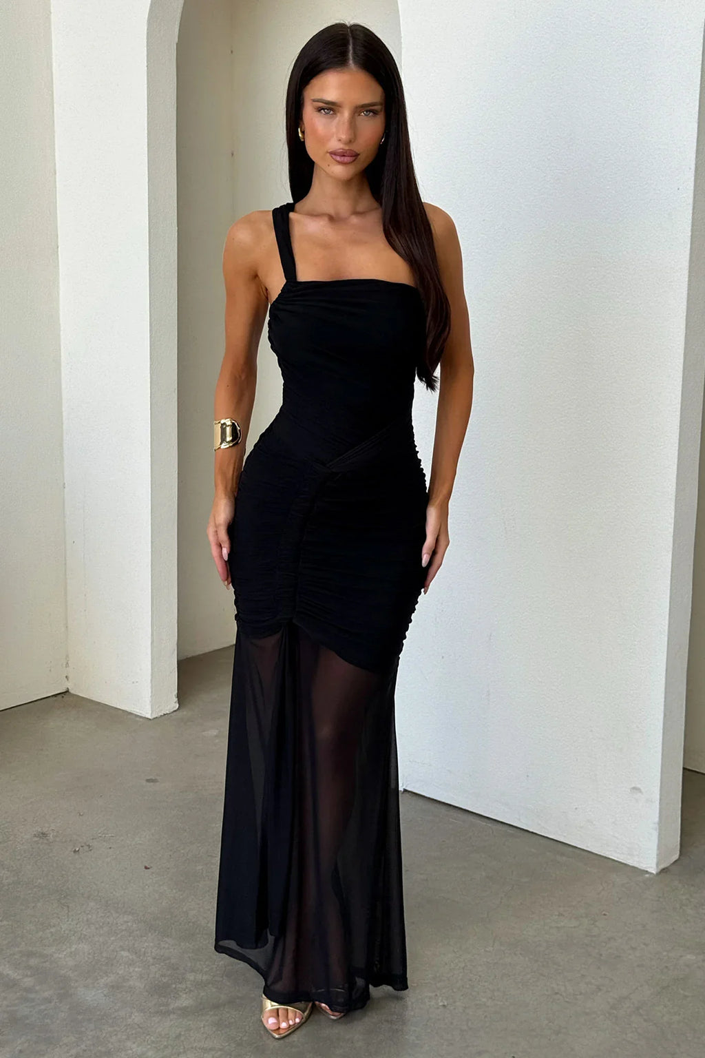 Salvatore One Shoulder Mesh Maxi Dress - Black