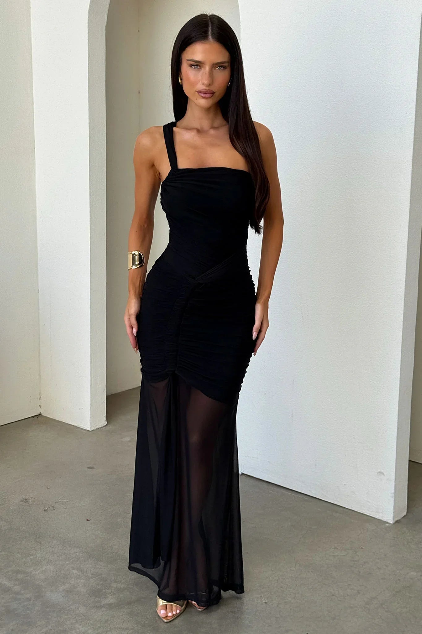 Salvatore One Shoulder Mesh Maxi Dress - Black