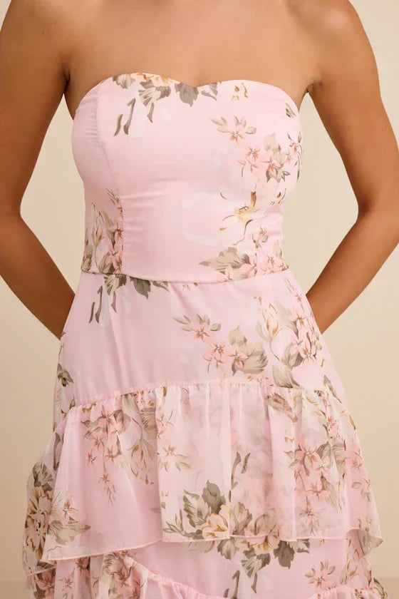 Niyati Blush Floral Strapless Tiered Maxi Dress
