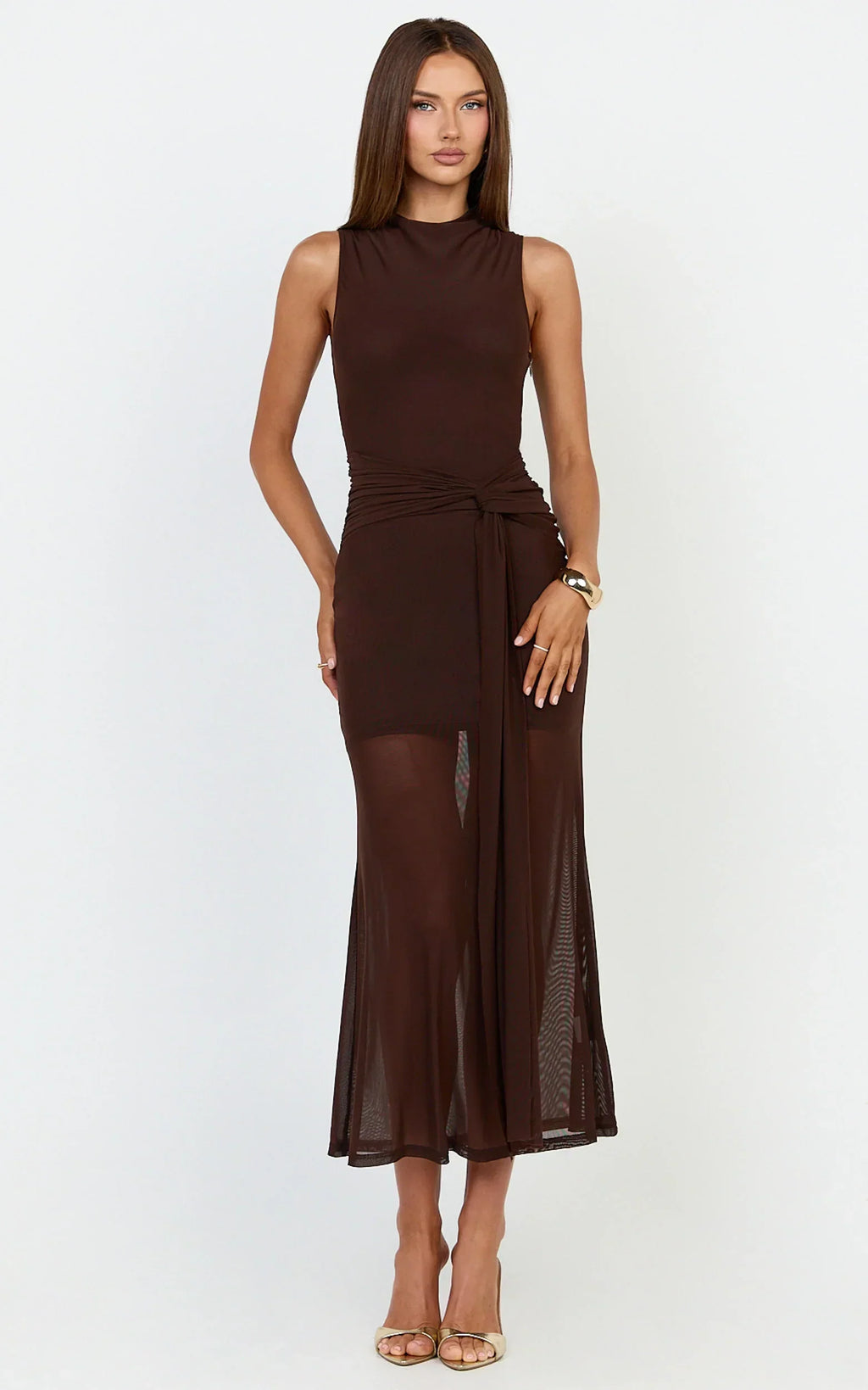 Jaimae Midi Dress - High Neck Side Knot Detail Mesh Dress In Chocolate