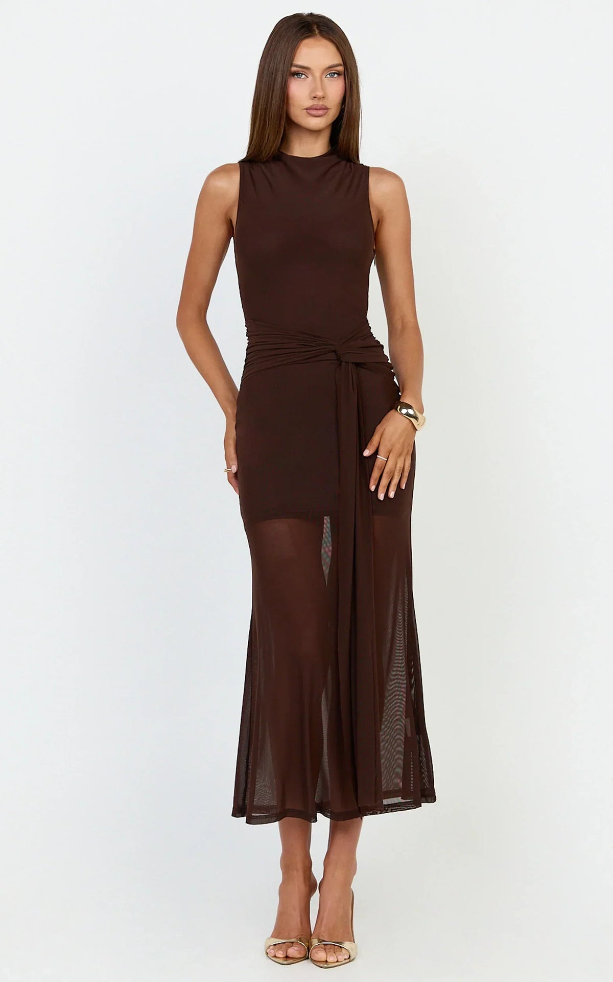 Jaimae Midi Dress - High Neck Side Knot Detail Mesh Dress In Chocolate