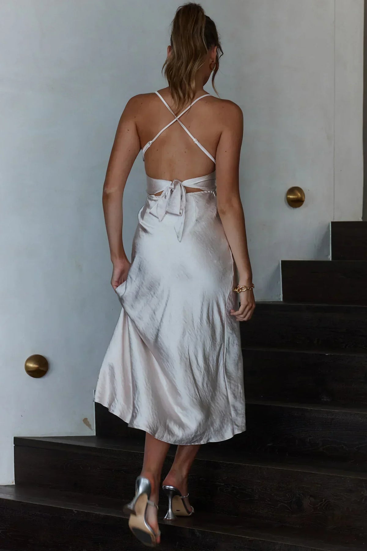 Lakoda Gathered Bust Bow Tie Back Midi Dress Champagne