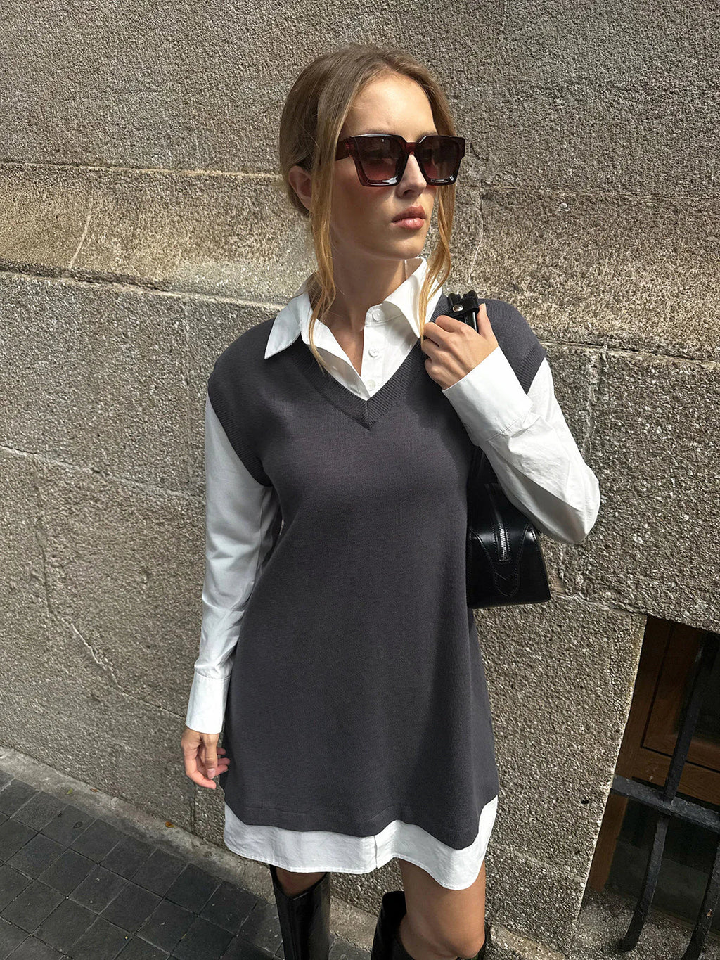 2 In 1 Shirt Paneled Knit Mini Dress