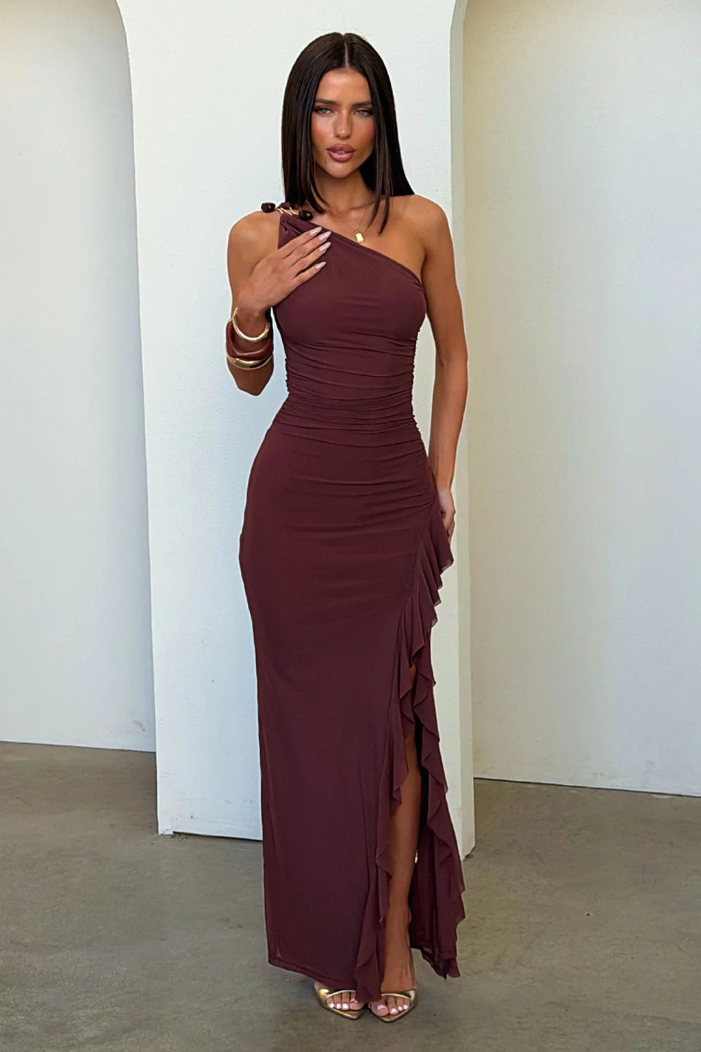 Floretta One-Shoulder Maxi Dress - Brown