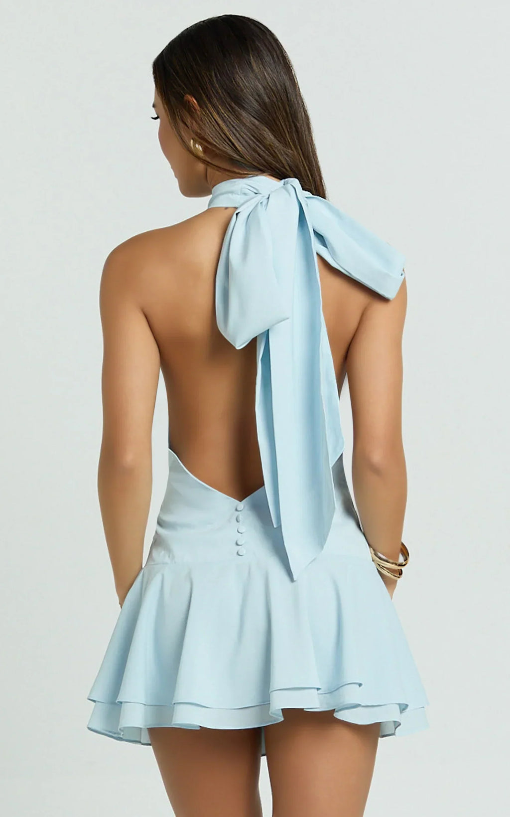 Bryonie Mini Dress - Backless Halter Dress In Pale Blue