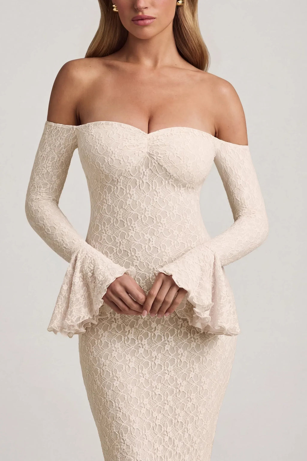 Off-Shoulder Ruffle Lace Maxi Dress In Ivory