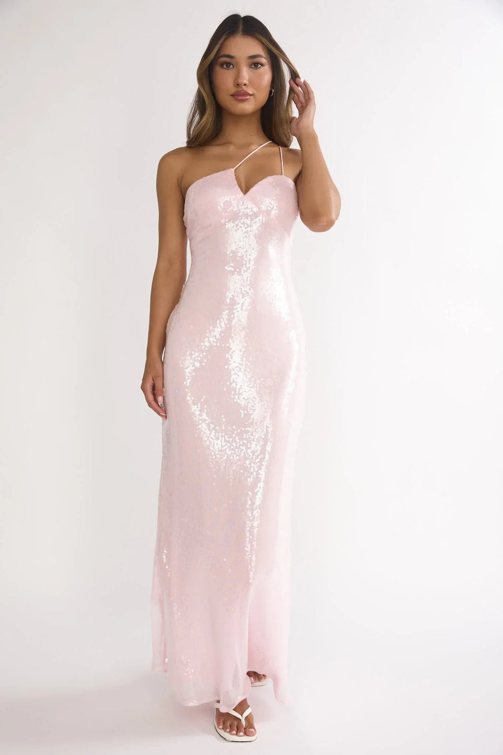 Roselyn One Shoulder Sequin Maxi Dress Pink