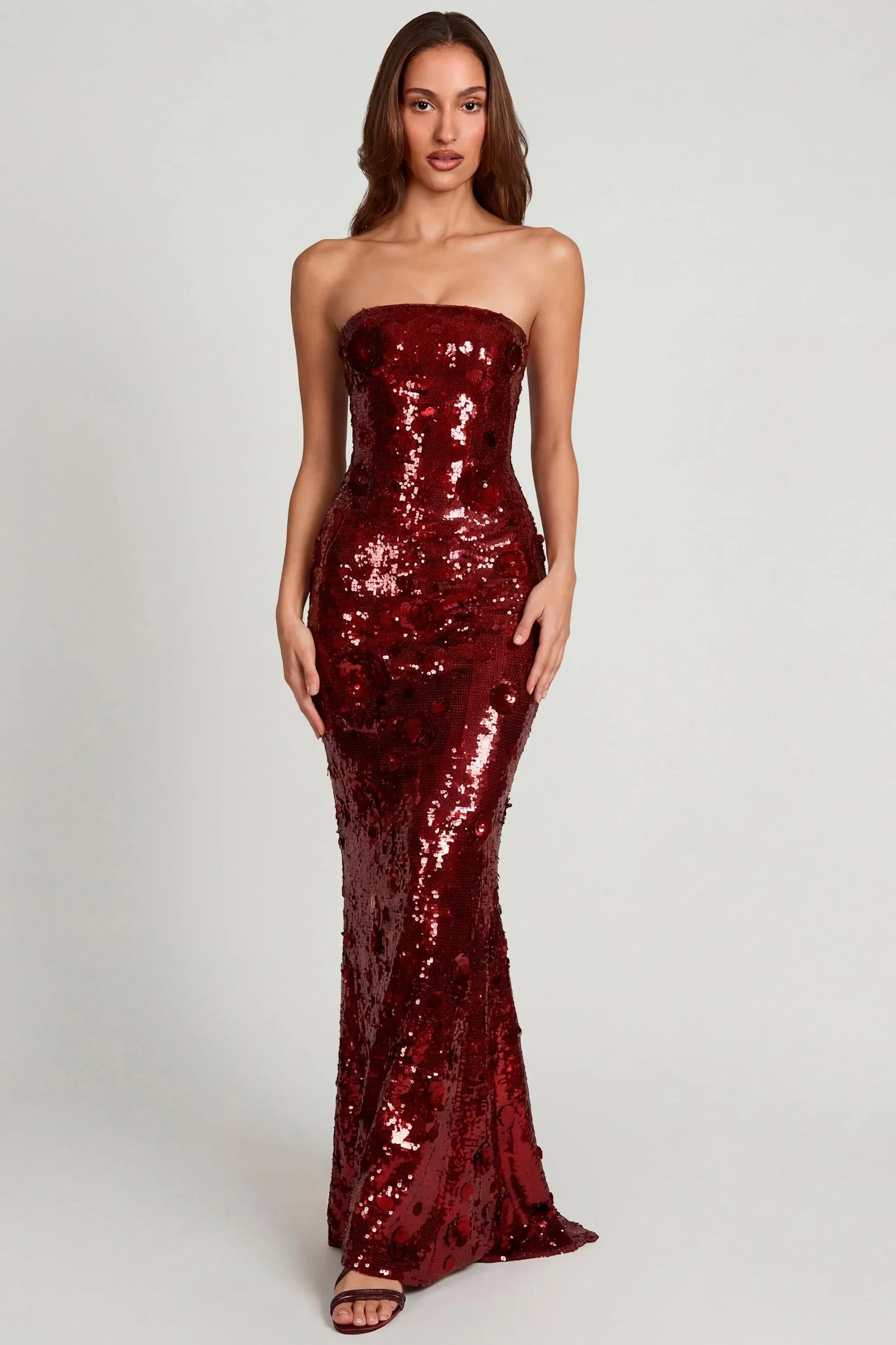 3D Embellished Bandeau Maxi Dress In Red