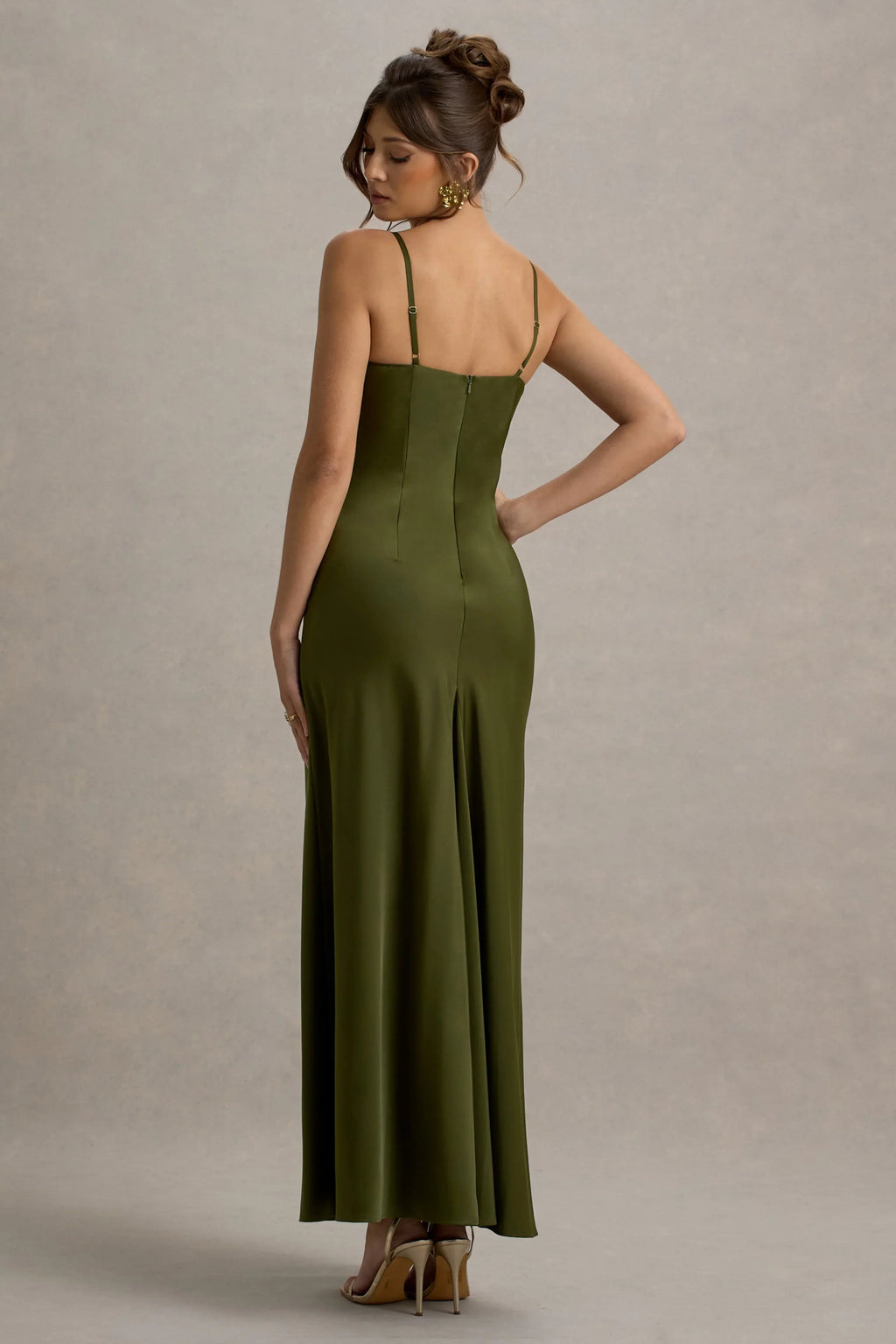 Eimear | Olive Green Satin Draped Sweetheart Maxi Dress