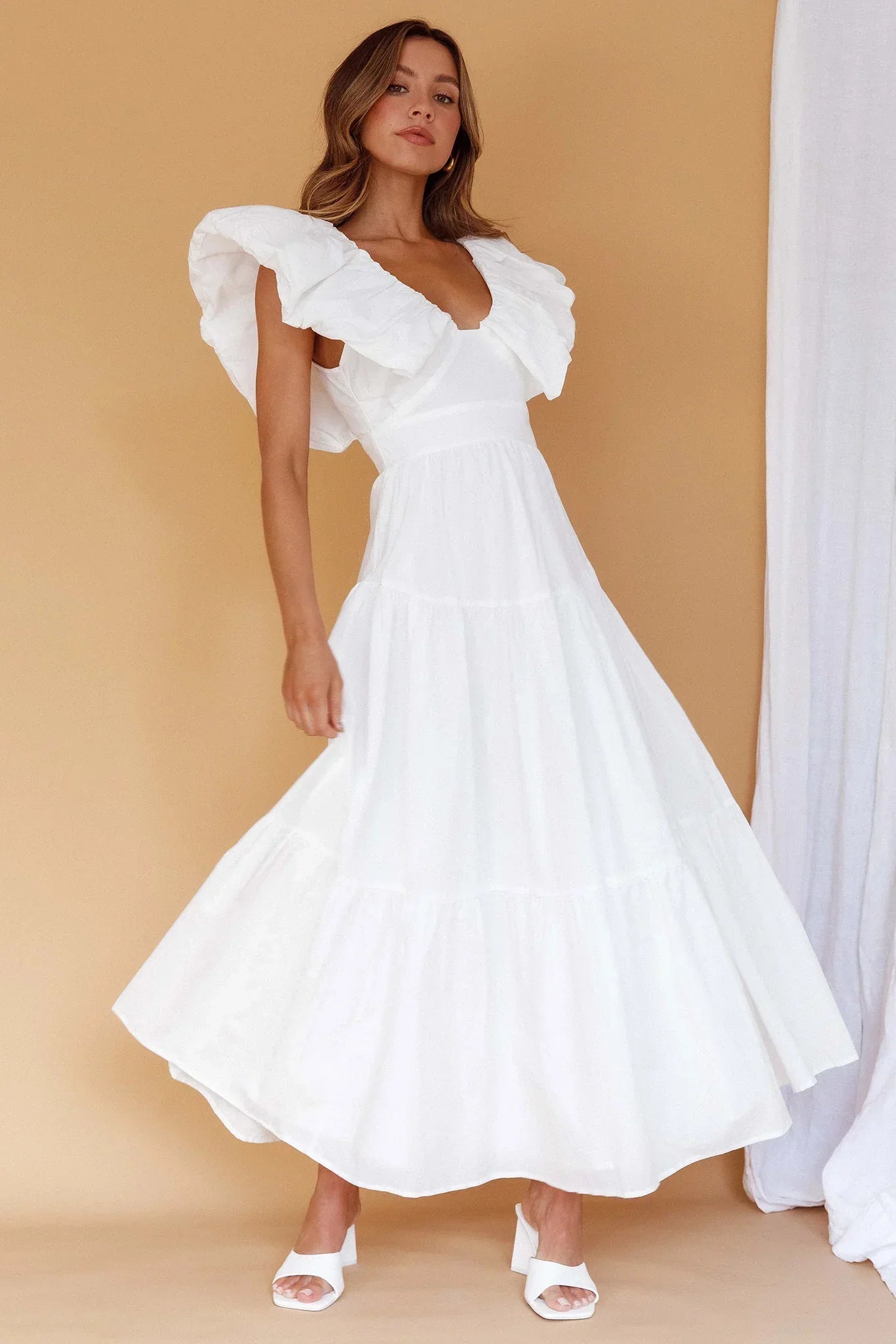Kahlo Puffed Ruffle Neckline Maxi Dress White