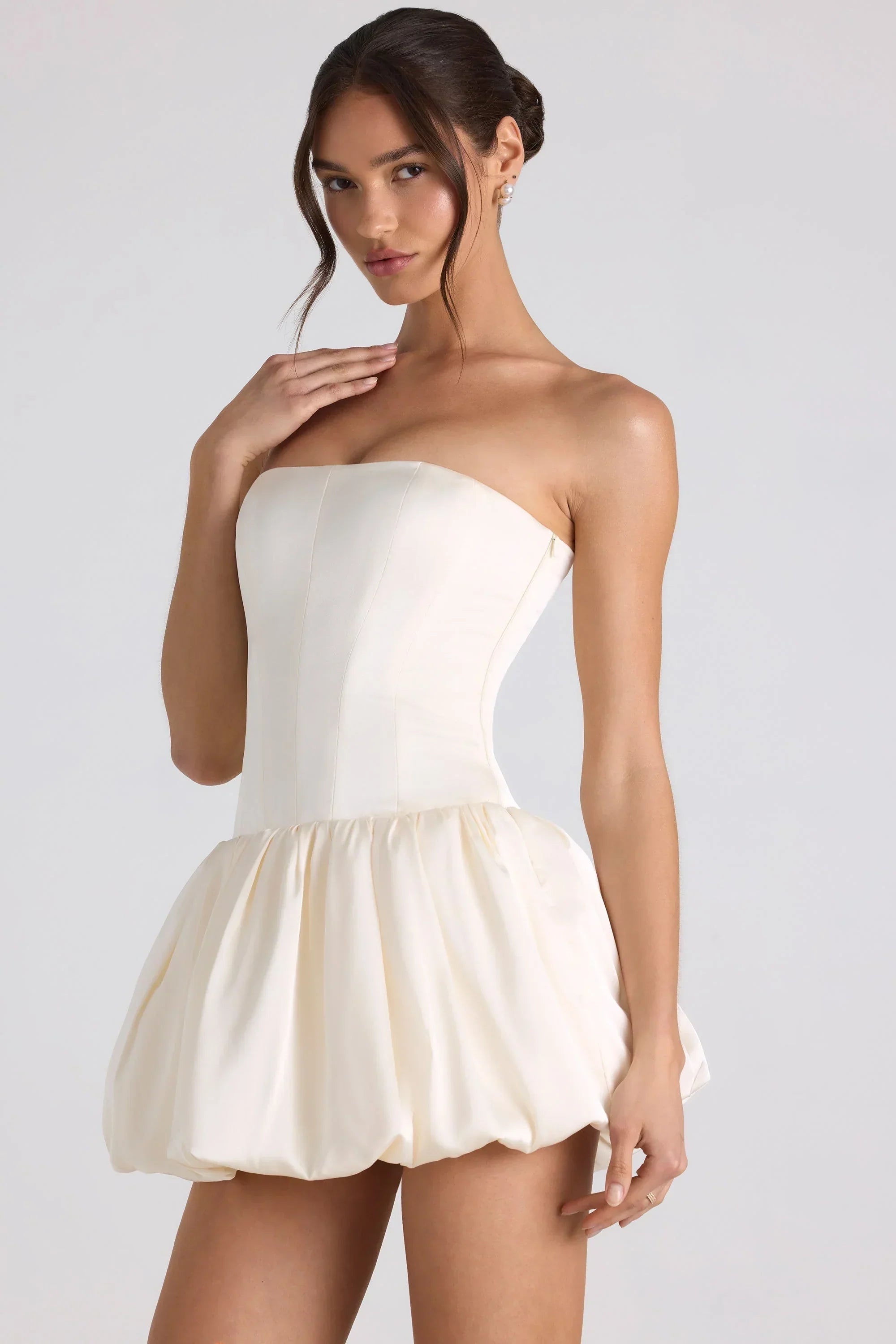 Lace-Up Bubble Hem Corset Mini Dress In Ivory