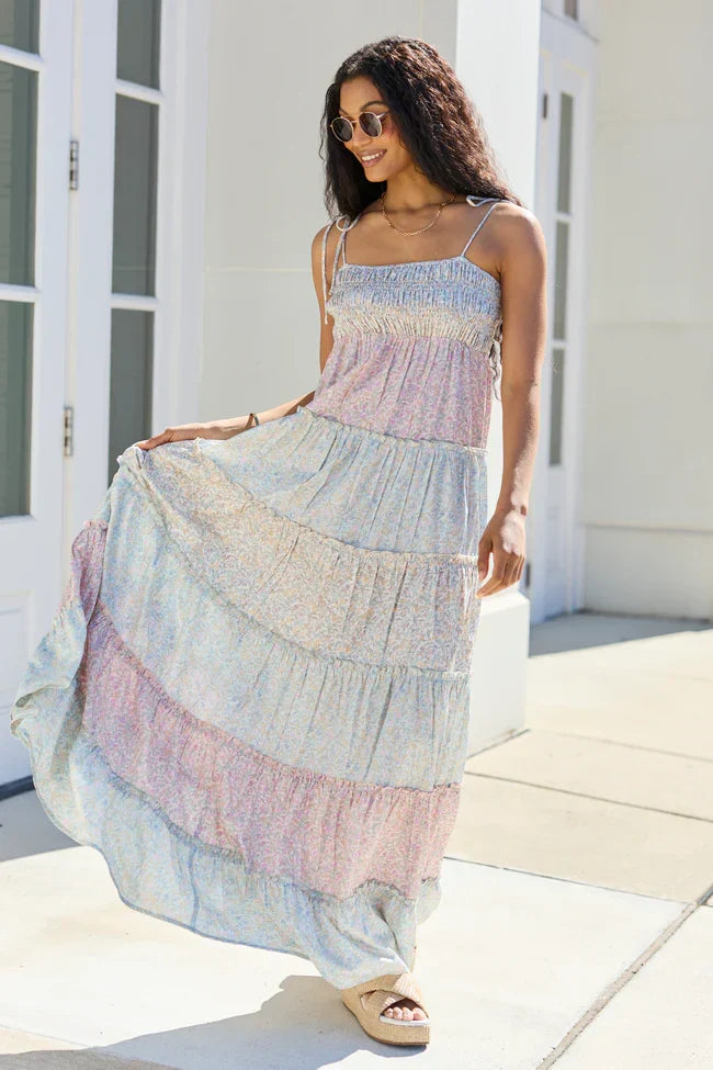 Essie Tiered Pastel Floral Tiered Maxi Dress