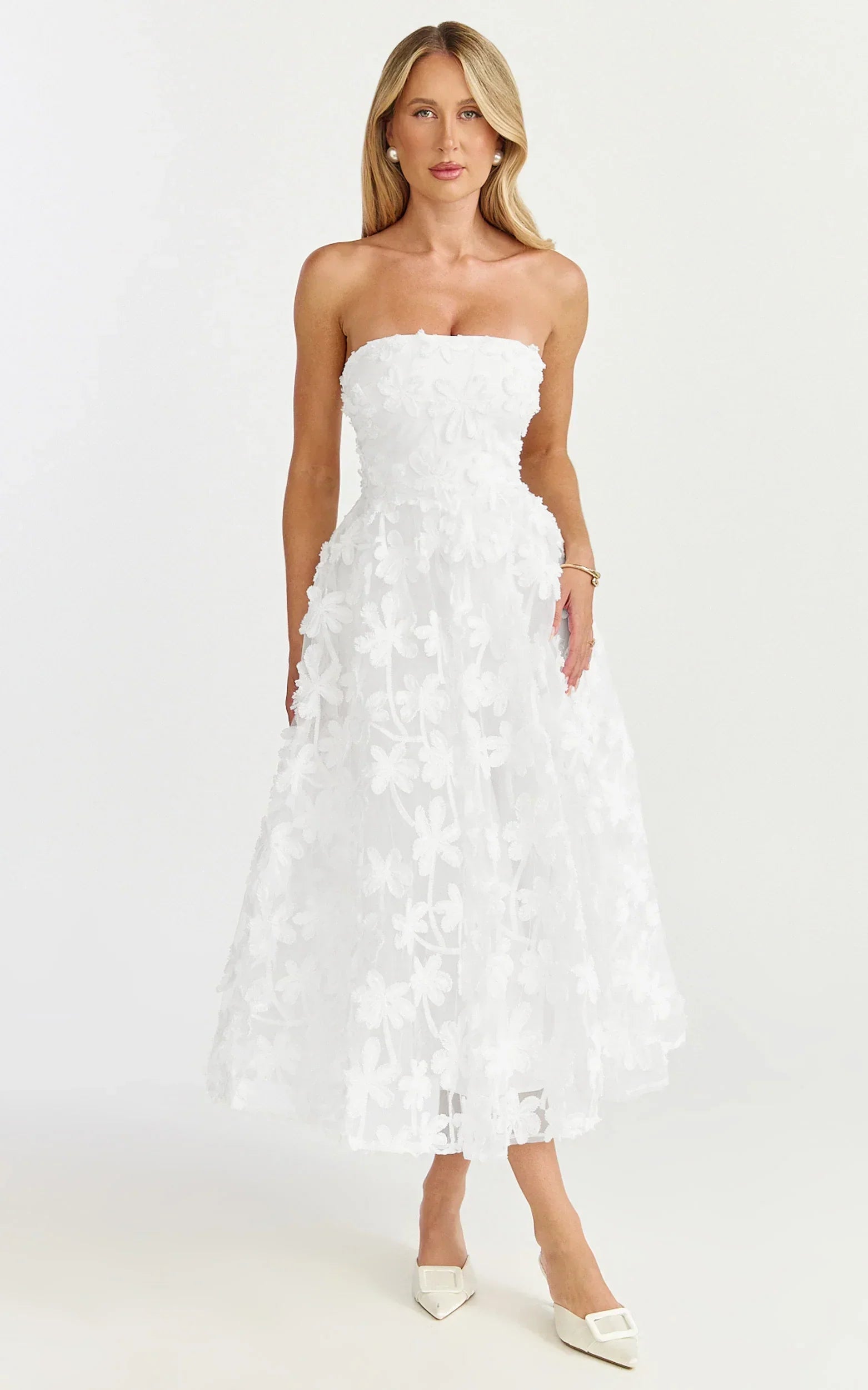 Rheiva Midi Dress - Strapless 3D Embroidery Midi Dress In White