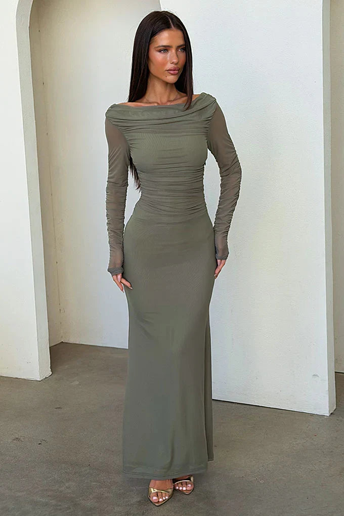 Rowan Long Sleeve Mesh Maxi Dress - Khaki