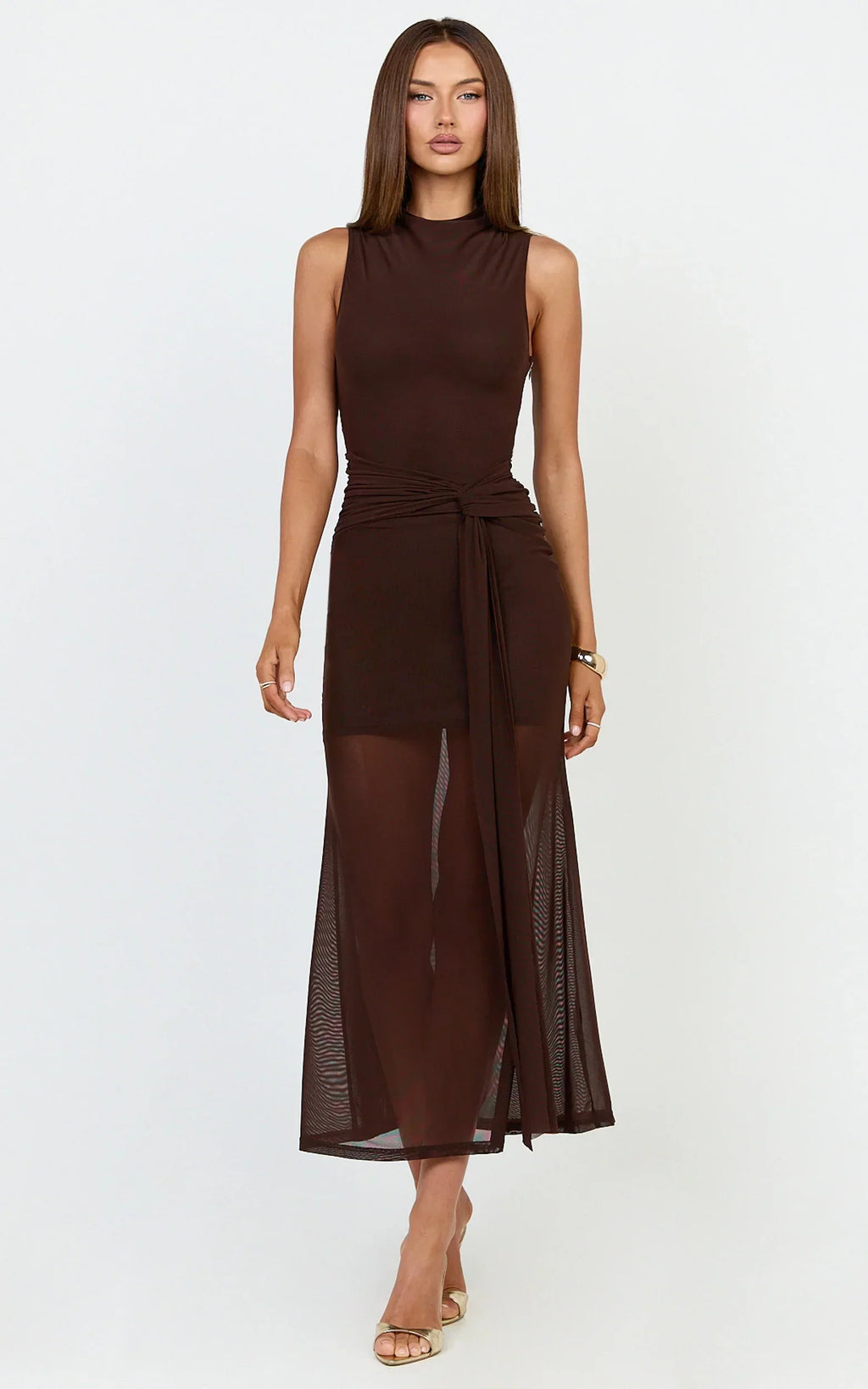 Jaimae Midi Dress - High Neck Side Knot Detail Mesh Dress In Chocolate