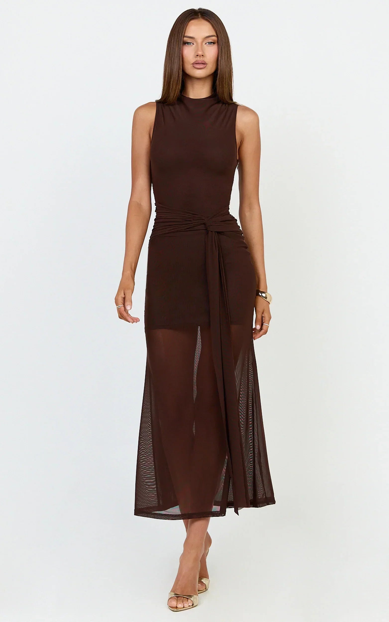 Jaimae Midi Dress - High Neck Side Knot Detail Mesh Dress In Chocolate