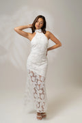 Georgia White High Neck Lace Midi Dress