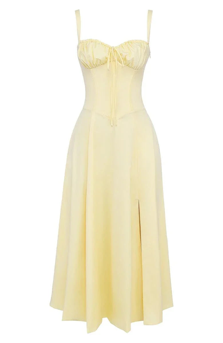 Corset Midi Dress – Tailored Waist And Flowing Skirt
