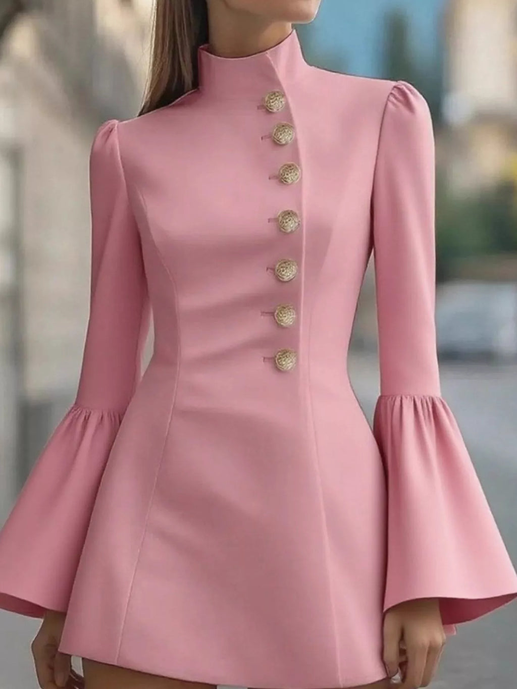 Bell Sleeve Mini Dress With Front Button