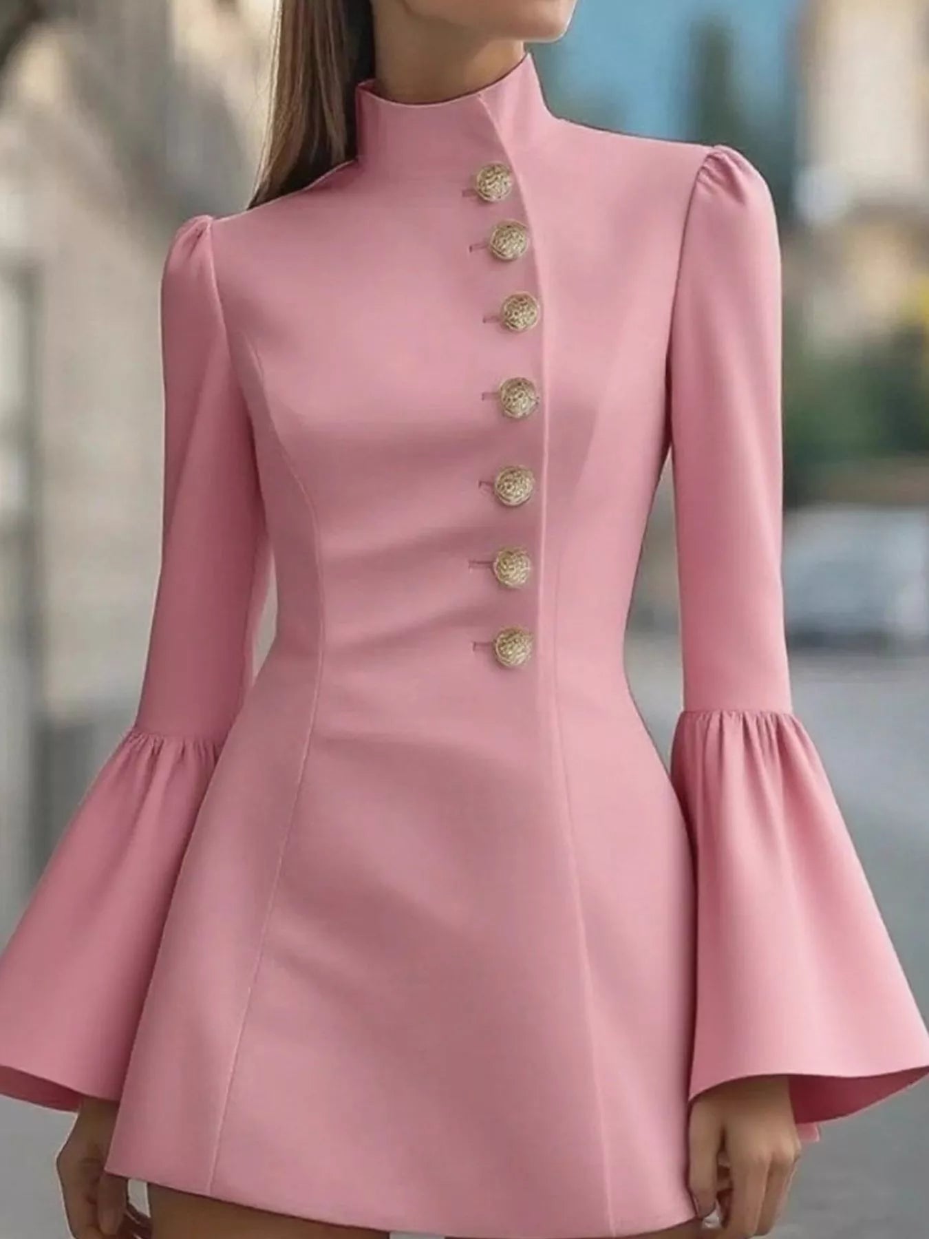 Bell Sleeve Mini Dress With Front Button