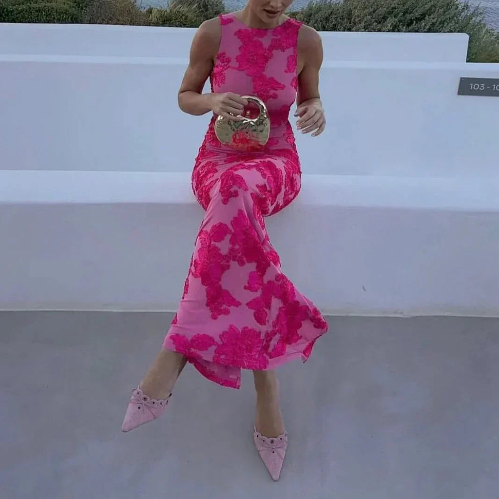 Women'S Pink Floral Embroidered Maxi Dress - Bodycon Sleeveless Formal