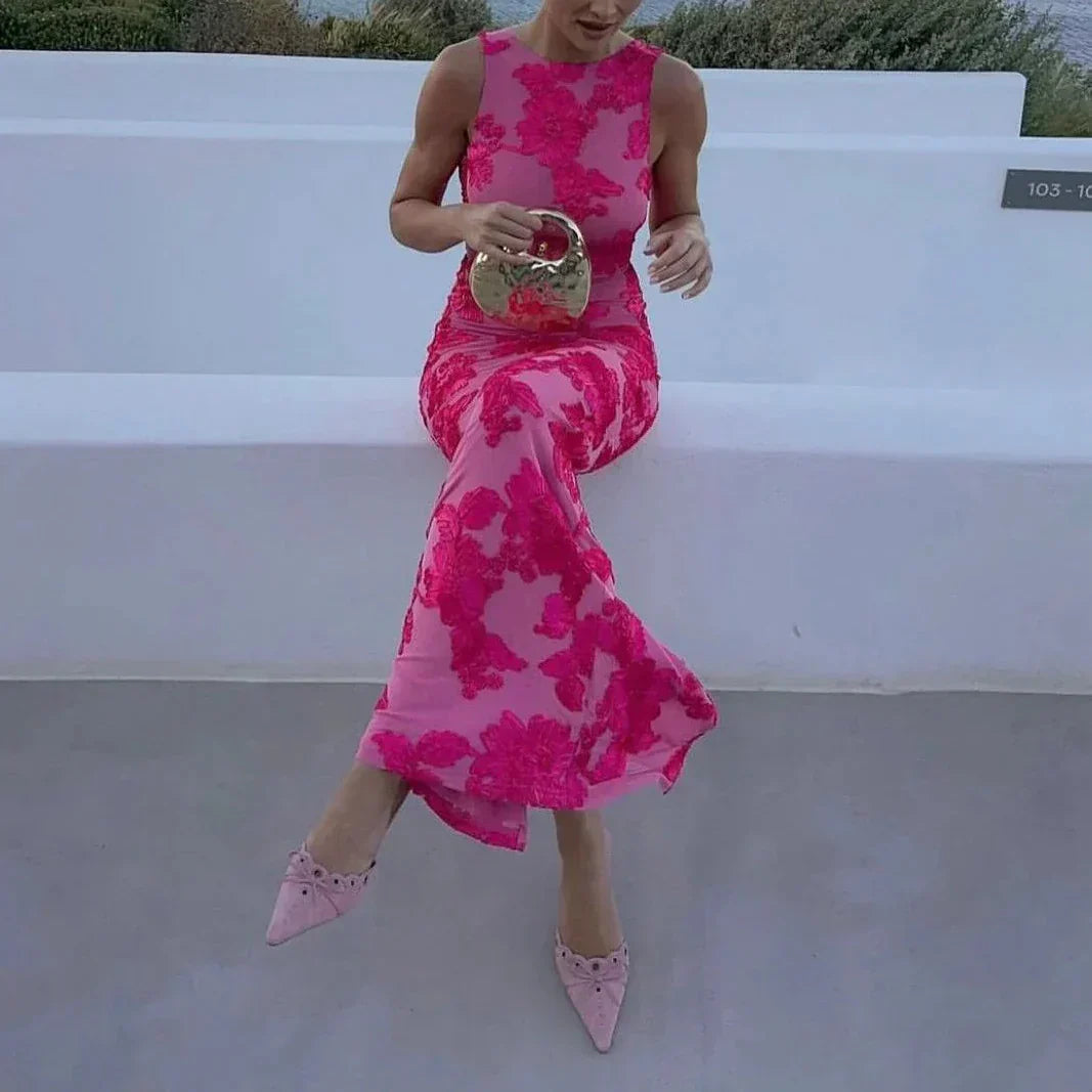 Women'S Pink Floral Embroidered Maxi Dress - Bodycon Sleeveless Formal