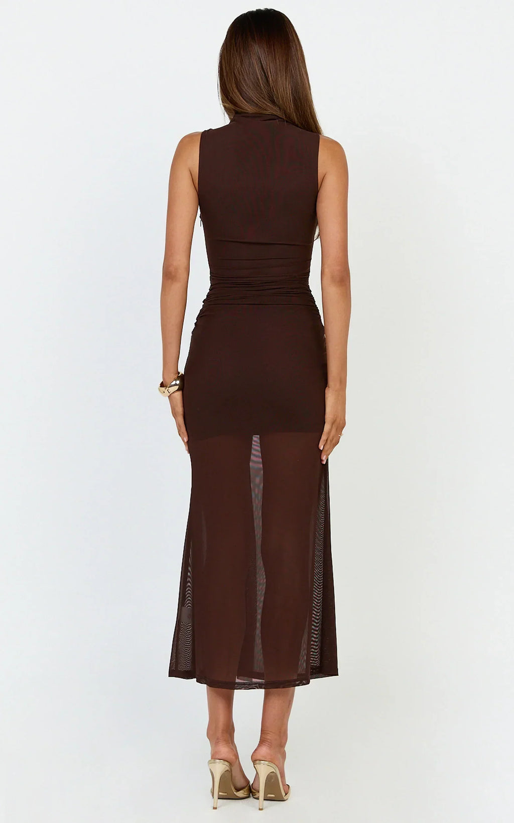 Jaimae Midi Dress - High Neck Side Knot Detail Mesh Dress In Chocolate