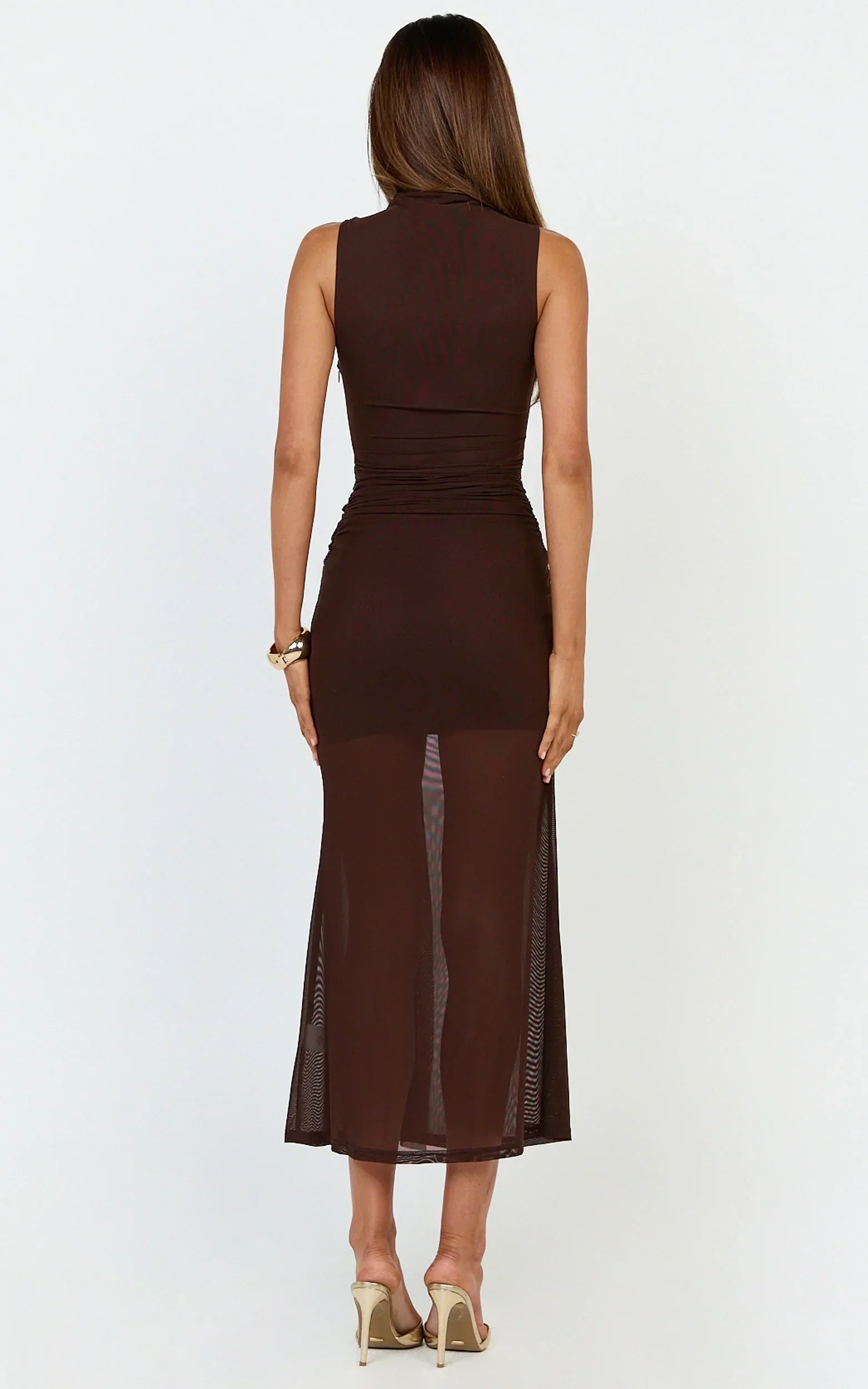 Jaimae Midi Dress - High Neck Side Knot Detail Mesh Dress In Chocolate