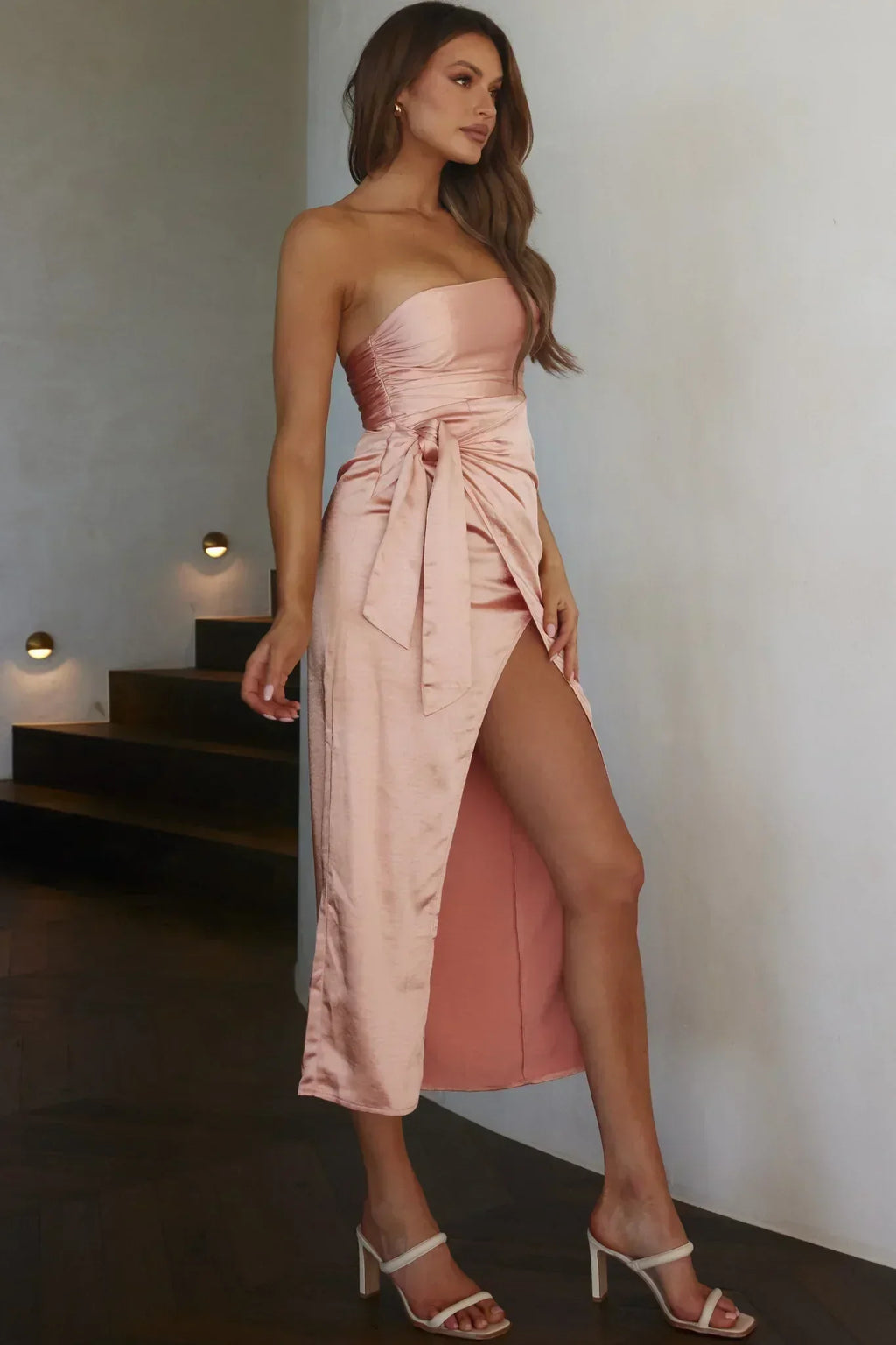 Gianna Strapless Waist Tie Midi Dress Peach