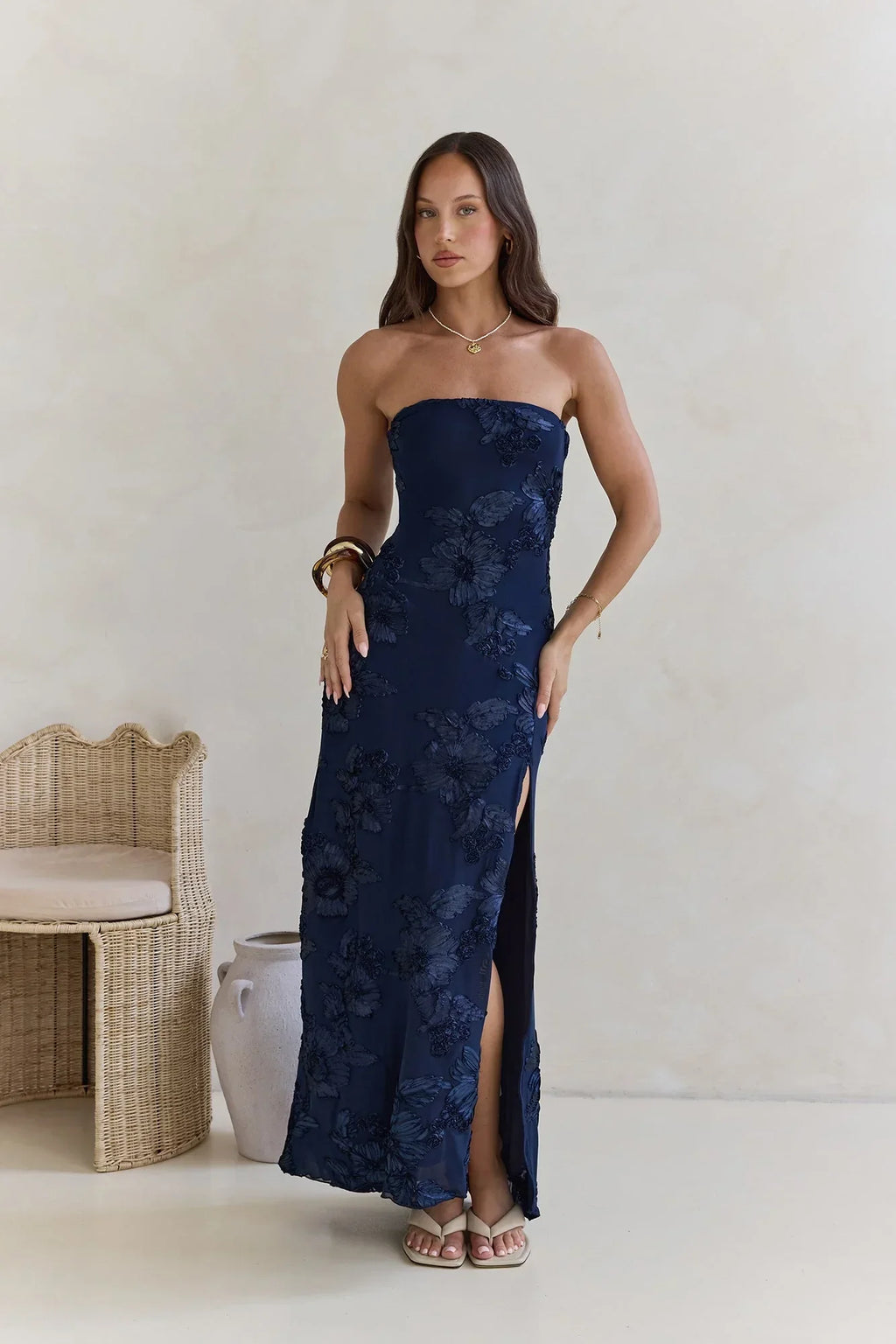 Under A Spell Strapless Mesh Maxi Dress Navy