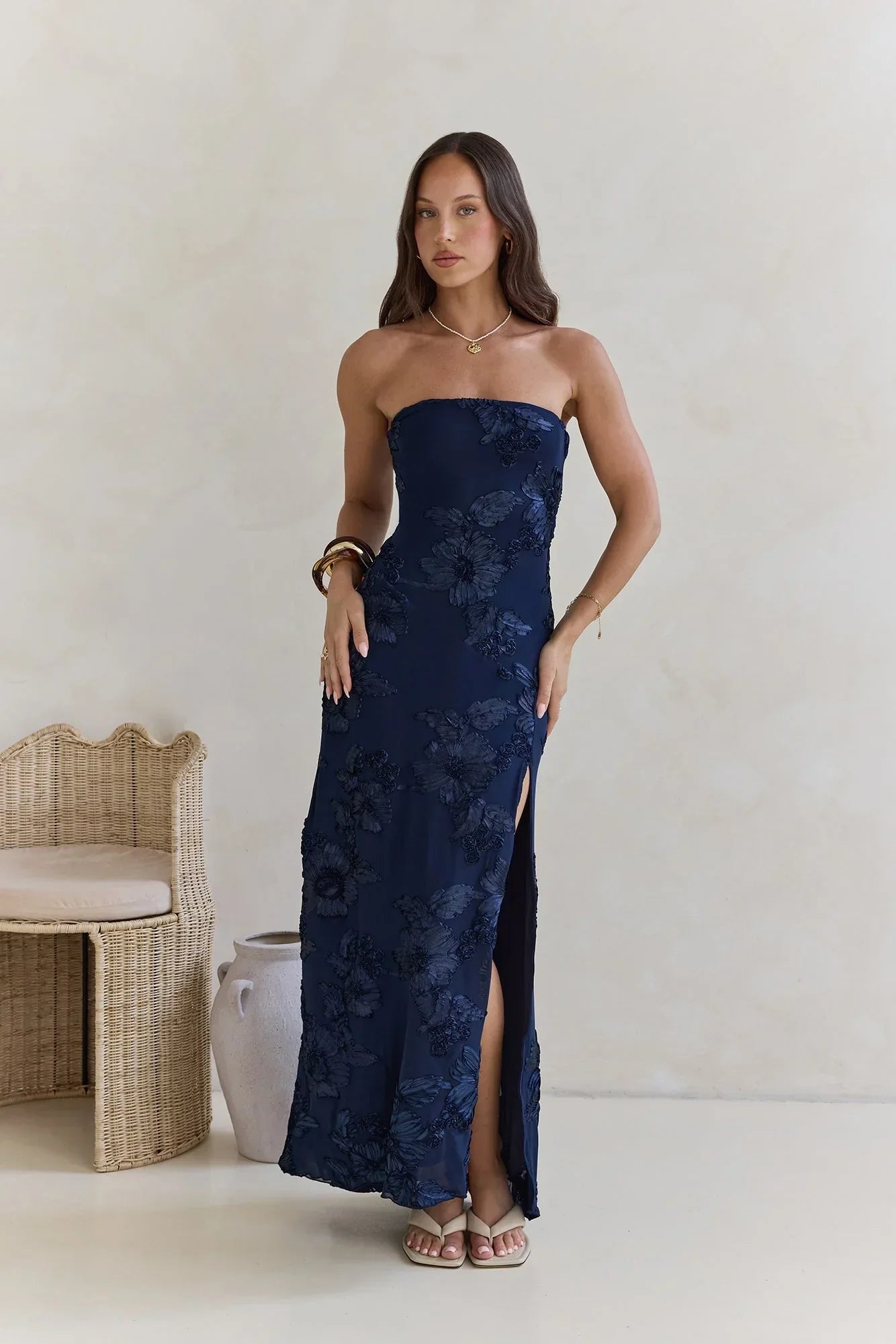 Under A Spell Strapless Mesh Maxi Dress Navy