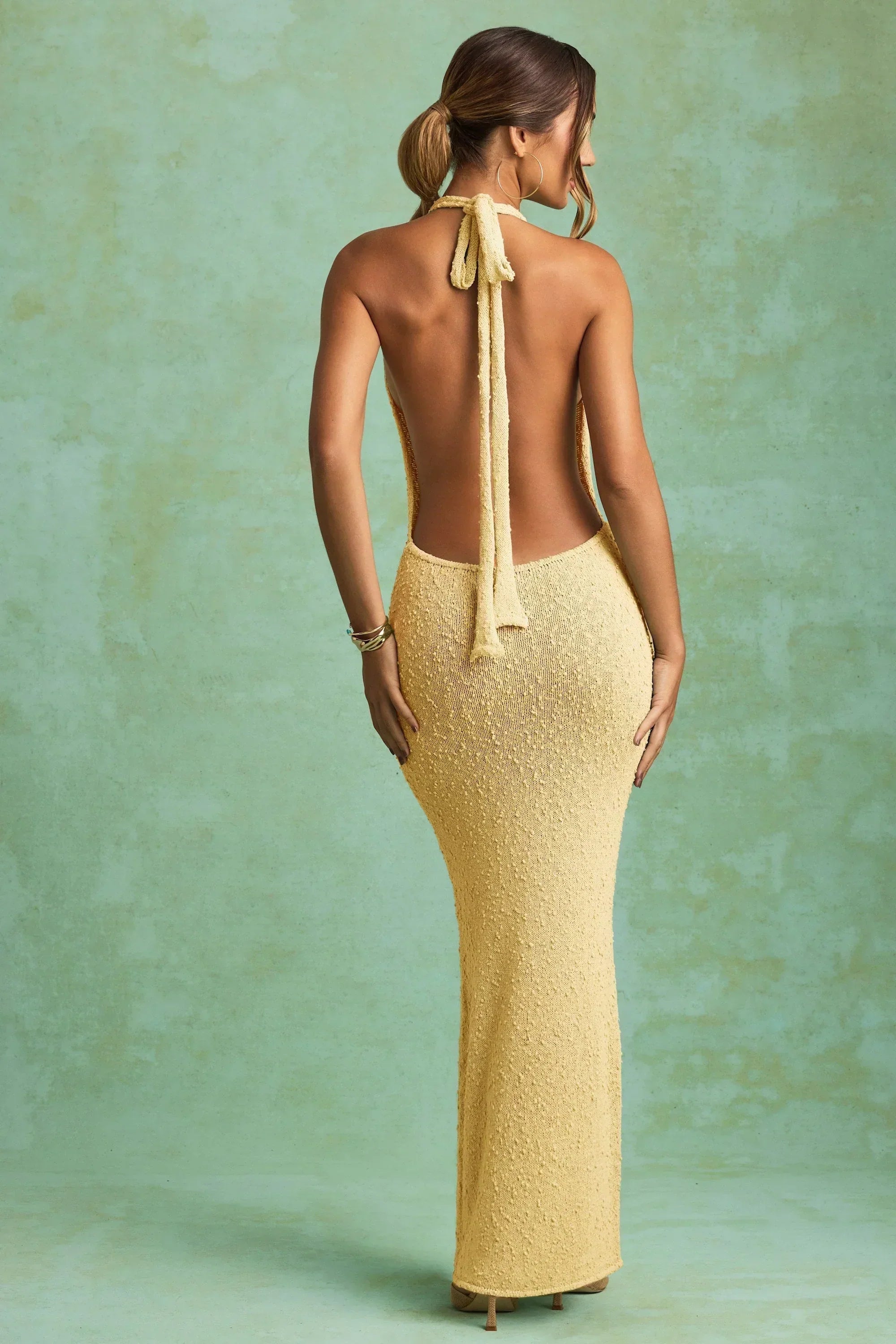 Bouclé Halterneck Maxi Dress in Yellow