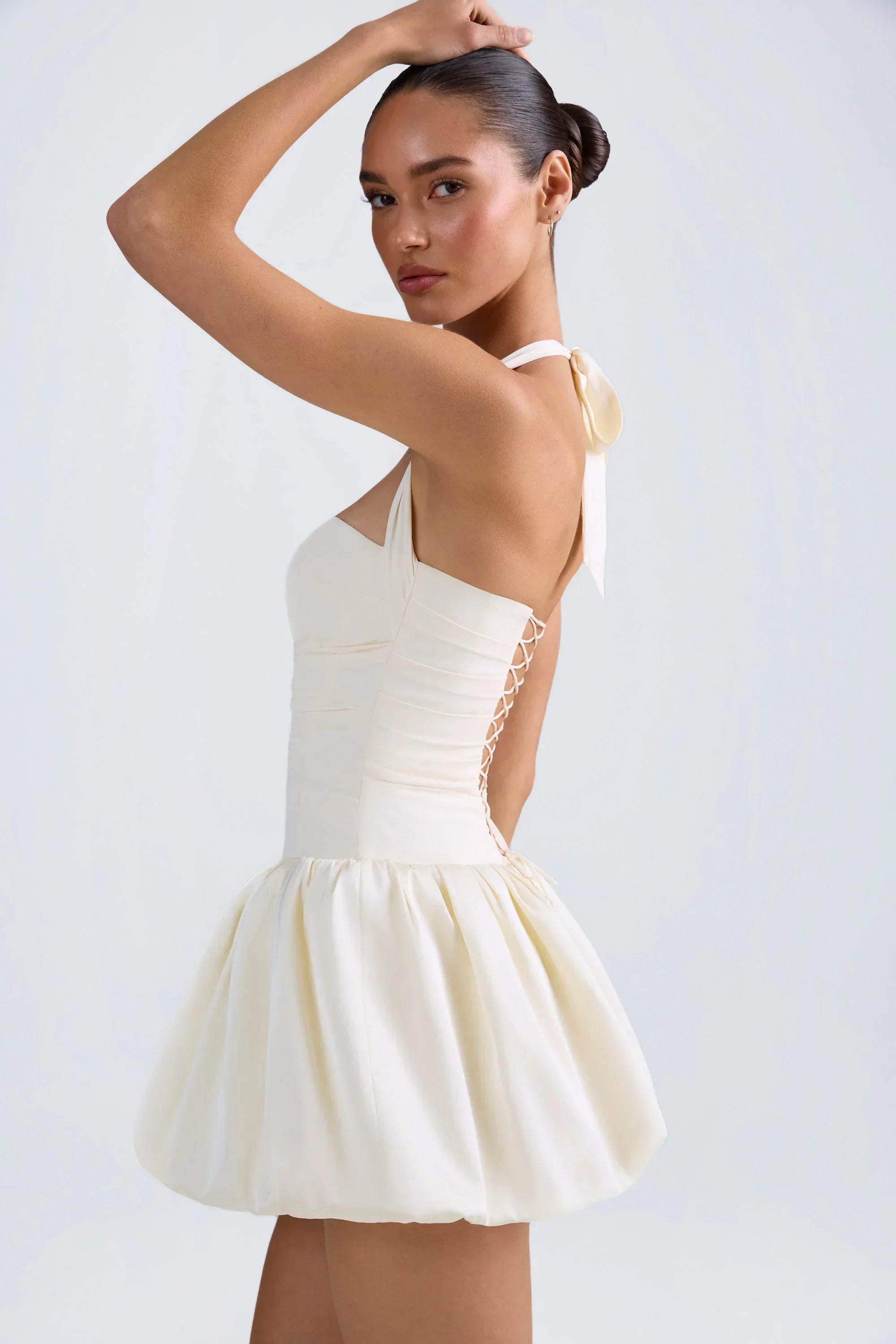 Halterneck Lace-Up Bubble Hem Corset Micro Mini Dress In Ivory