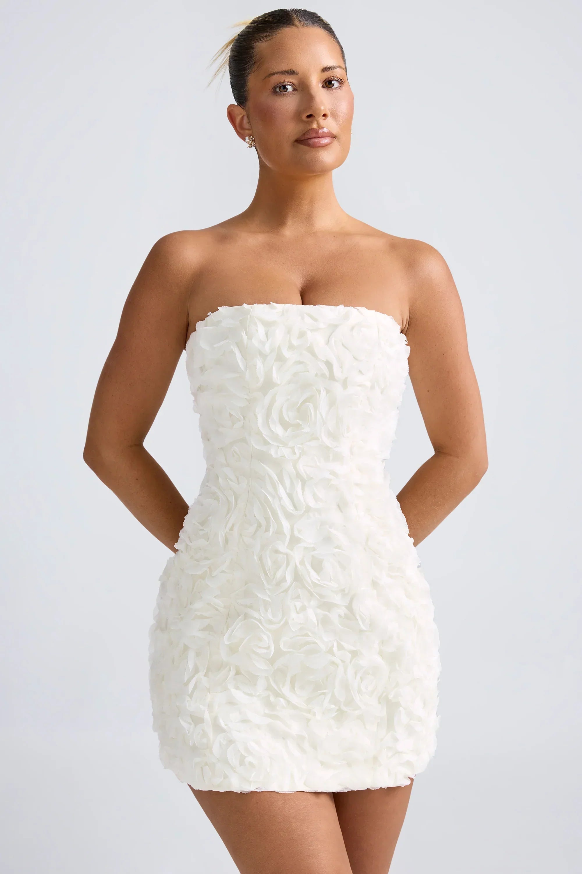 Floral-Appliqué Bandeau A-Line Mini Dress In White