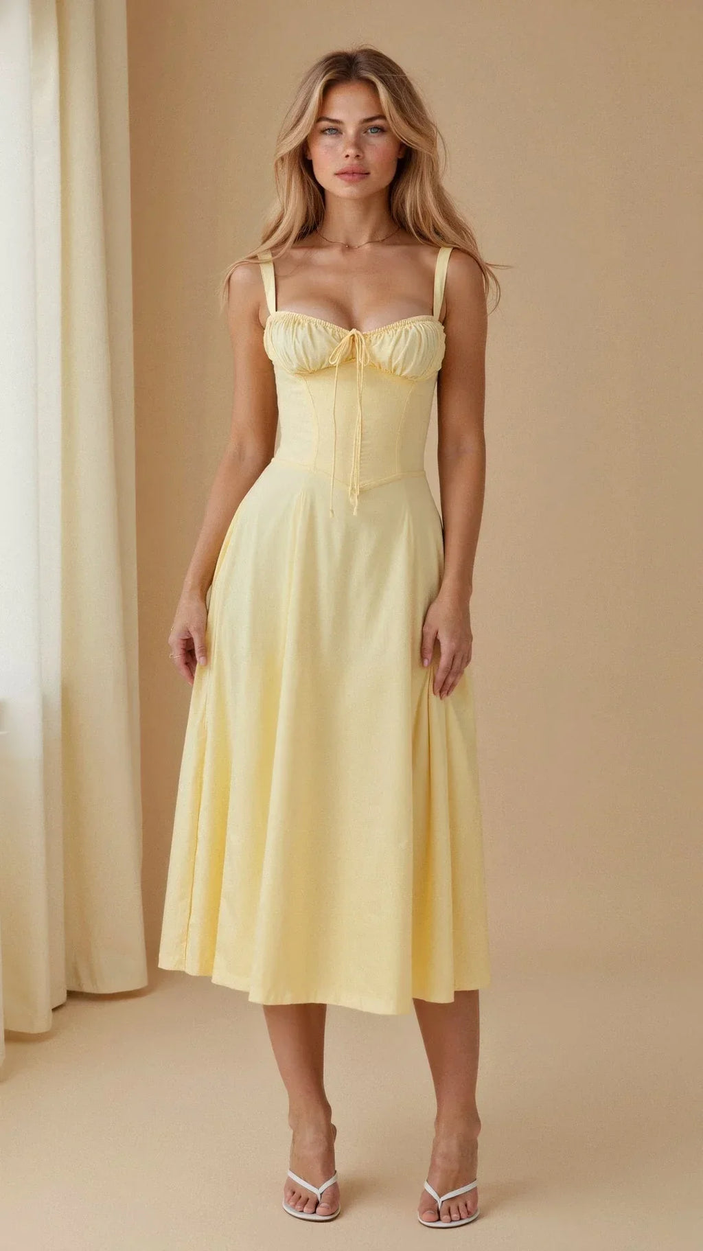 Corset Midi Dress – Tailored Waist And Flowing Skirt