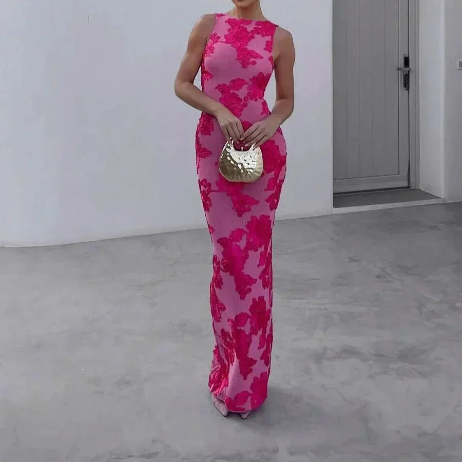 Women'S Pink Floral Embroidered Maxi Dress - Bodycon Sleeveless Formal