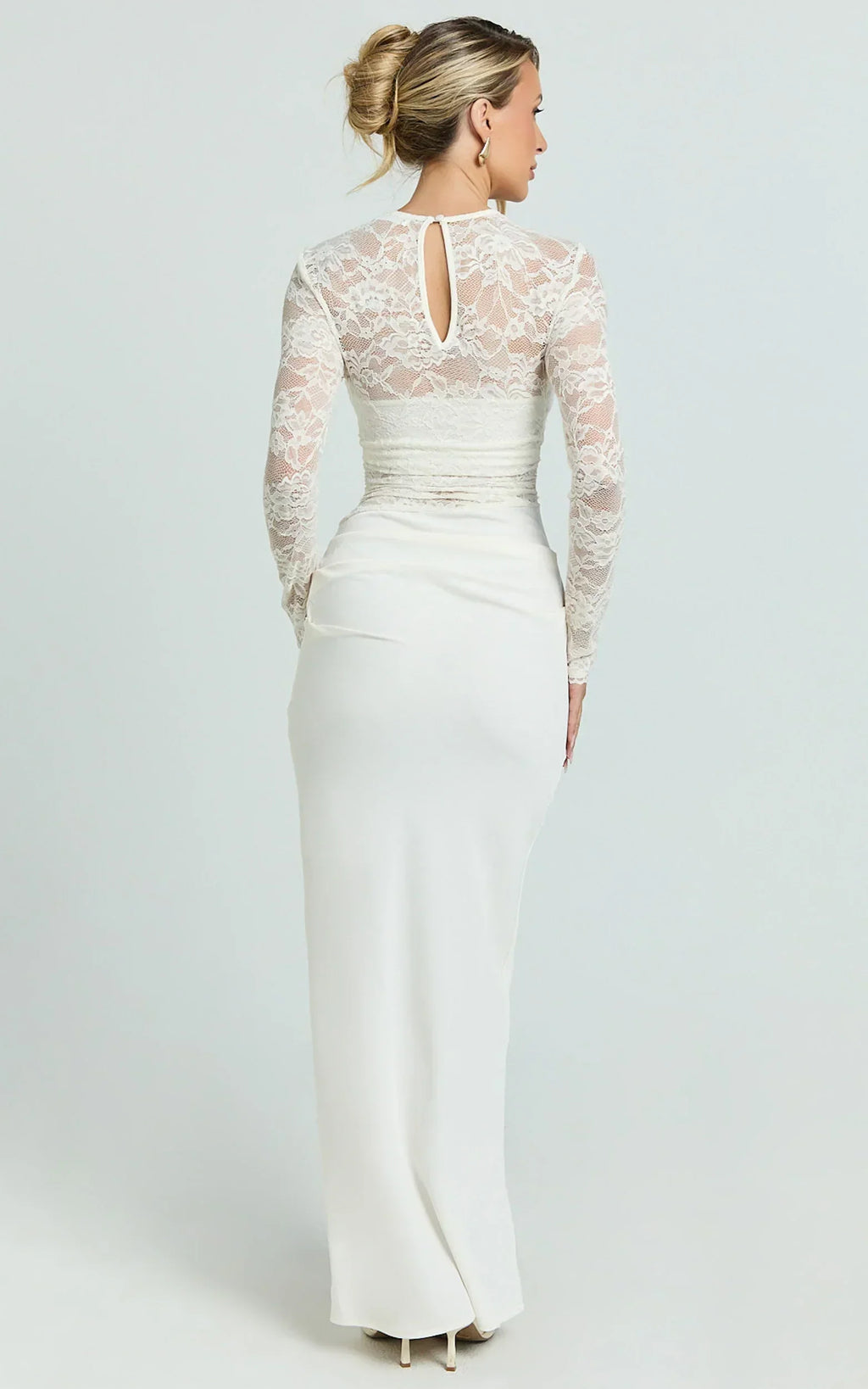 Crisanta Maxi Dress - Long Sleeve Contrast Lace Bodycon Dress in Ivory
