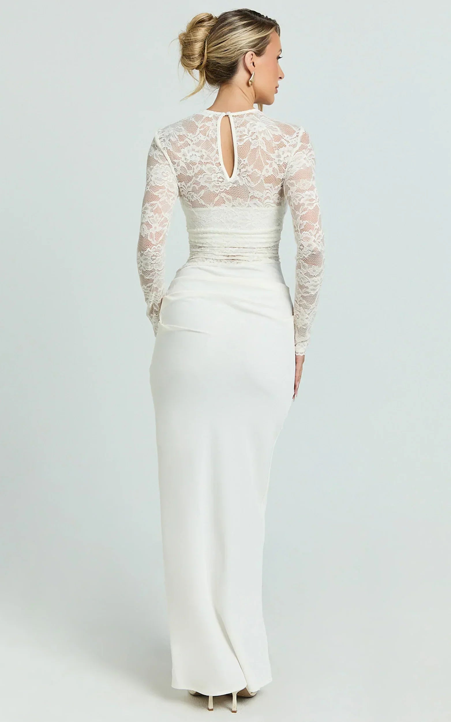 Crisanta Maxi Dress - Long Sleeve Contrast Lace Bodycon Dress in Ivory